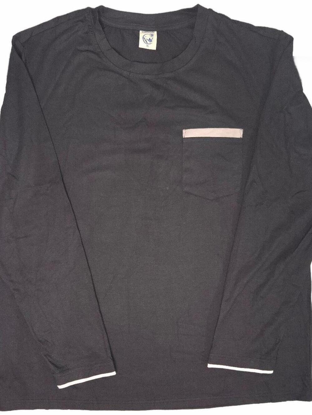 Black Long Sleeve Crew Neck Pocket T-Shirt with Beige Trim
